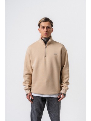 Erkek Respire Yazı Detaylı Yarım Fermuarlı Basic Sweatshirt Bej