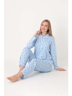 Nbb Mavi Polka Dot Önden Düğmeli Pijama Takım