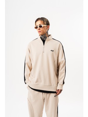 Respire Erkek Pis Dikiş Detaylı Yarım Fermuarlı Diagonel Sweatshirt Bej