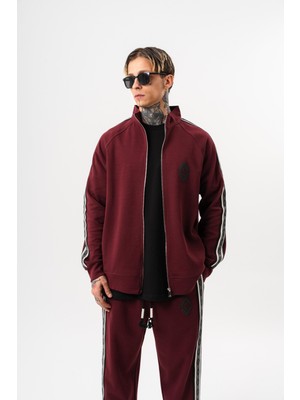 Respire Erkek Şerit Detaylı Dik Yaka Doubleface Zip Oversize Sweatshirt Bordo