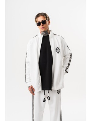 Respire Erkek Şerit Detaylı Dik Yaka Doubleface Zip Oversize Sweatshirt Ekru