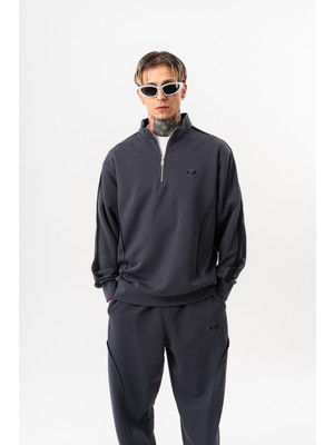 Respire Erkek Pis Dikiş Detaylı Yarım Fermuarlı Diagonel Sweatshirt Füme
