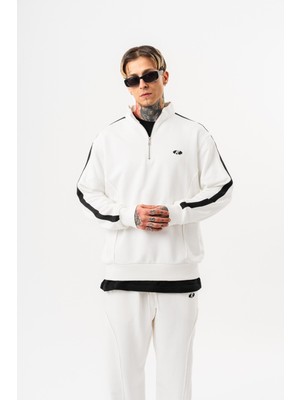 Respire Erkek Pis Dikiş Detaylı Yarım Fermuarlı Diagonel Sweatshirt Ekru