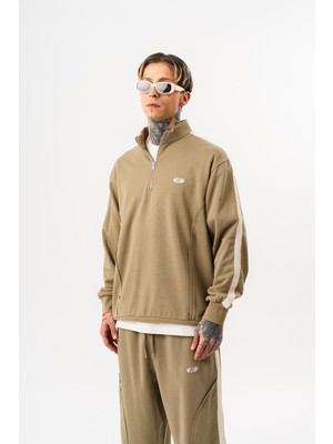 Respire Erkek Pis Dikiş Detaylı Yarım Fermuarlı Diagonel Sweatshirt Haki