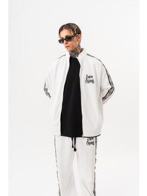 Respire Erkek Splash Şerit Detaylı Dik Yaka Doubleface Zip Oversize Sweatshirt Ekru