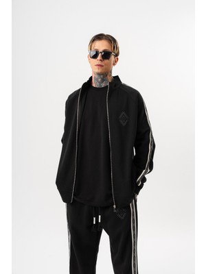 Respire Erkek Şerit Detaylı Dik Yaka Doubleface Zip Oversize Sweatshirt Siyah