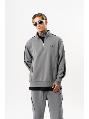 Respire Erkek Pis Dikiş Detaylı Yarım Fermuarlı Diagonel Sweatshirt Gri