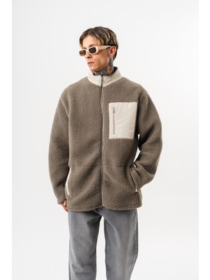 Respire Erkek Zip Oversize Teddy Ceket Koyu Yeşil