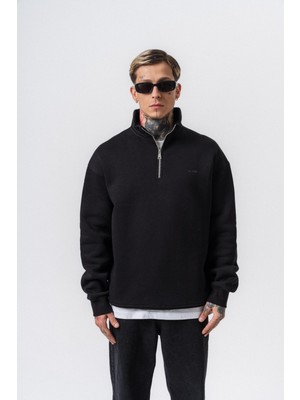 Erkek Respire Yazı Detaylı Yarım Fermuarlı Basic Sweatshirt Siyah