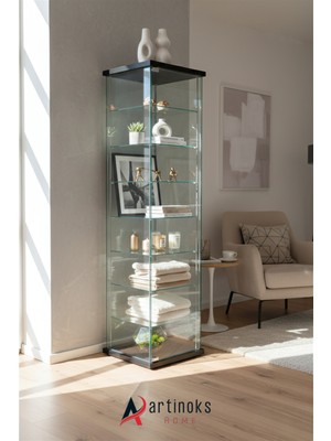 Artinoks Home 7 RAFLI  SADE CAM VİTRİN SİYAH (Gümüşlük, Büfe, Koleksiyon, Sunu, Sergi, Kitaplık)