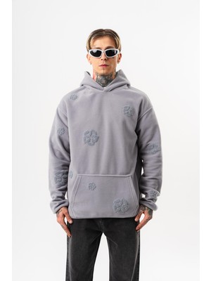 Respire Erkek Süzene Nakış Detaylı Kapüşonlu Oversize Polar Hoodie Gri