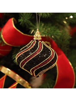 Ritzz Altın Şeritli Spiral Payetli Siyah-Bordo Damla Çam Ağacı Süsü 10 cm