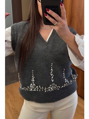 Magarde Taşlı V Yaka Orj Süveter- Antrasit