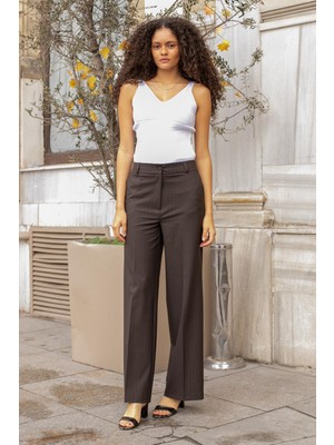 Jument Yüksek Bel Yan Cepli Bol Paça Hafif Esnek Dokuma Kumaş Palazzo Pantolon-Kahverengi Çizgi