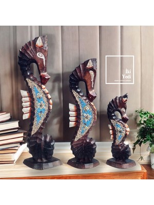 İki Yedi Konsept Seahorses 77-1 Renkli Ahşap 3’lü Denizatı Heykeli – 50 cm Büyük Dekoratif Obje, Otantik Ev ve Ofis