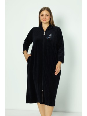 Intensive Collection Lacivert Boydan Fermuarlı Pamuklu Kadife Truvakar Kollu Kadife Elbise