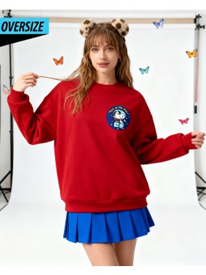 Hena Snoopy And Space Themed Oversized Sweatshirt – Let The Space Adventure Begin! Kırmızı