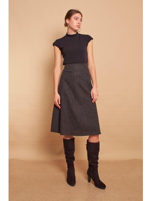 Jument Kadın Kışlık Yünlü Jakarlı Hafif Likralı Kumaş Yüksek Bel Uzun Çan Etek-Haki Diyagonel