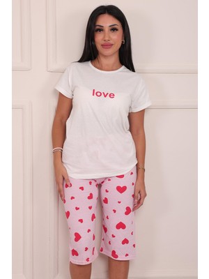 Niket Life Kadın Love Sloganlı Bisiklet Yaka Kısa Kol Altı Kapri Penye Pijama Takımı