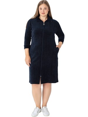 Intensive Collection Kadın Büyük Beden Lacivert Çizgi Desenli Pamuklu Kadife Cepli Fermuarlı Truvakar Kollu Elbise