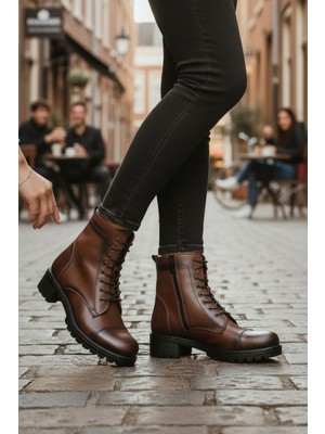 Modesa Hakiki Deri Kahve  Fermuarlı & Bağcıklı Kauçuk Taban Kadın Bot