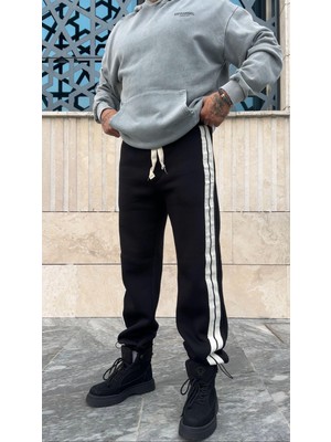 Pavotti Siyah Üç Iplik Şardonlu Şerit Detaylı Vintage Baggy Kalıp Erkek Eşofman Altı