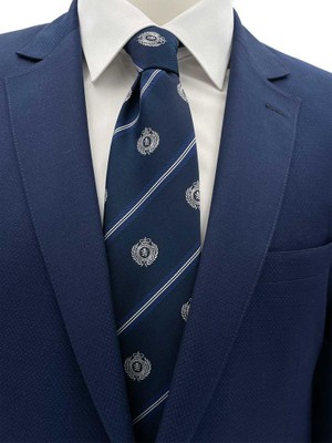 Brianze 8 cm Lacivert Mavi Çizgili Arma Desenli Kravat