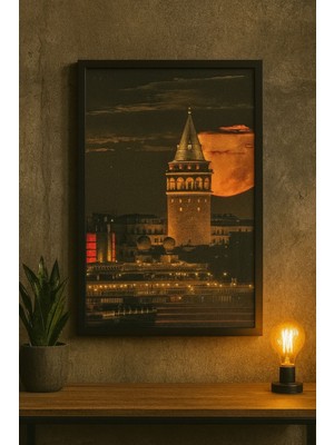 Galata Kulesi & Dolunay Manzarası Gece Istanbul Tablosu (Çerçeveli)