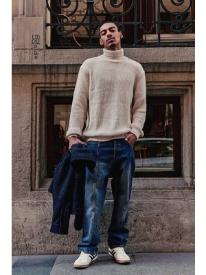 Abluka Online Erkek Oversize Balıkçı Yaka Boğazlı Kazak Bej