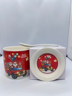 Kalyonix Santa & Geyik 3 Parça Yılbaşı Temalı Kupa, Tabak ve Kaşık Seti | Hediye Kutulu