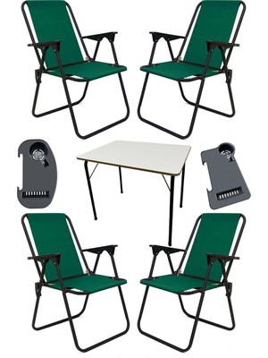 Moniev Litea 4 Adet Kamp Sandalyesi Katlanır Piknik Sandalye ve Bardaklık Yeşil + Katlanır Mdf Masa