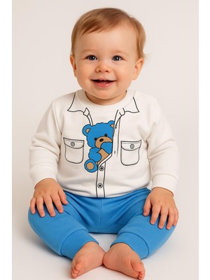 Dinamik çocuk Erkek Bebek Ceket Görünümlü Ayıcık Desenli Mevsimlik 2iplik Alt Üst 2li Takım 6-9-12-18aylık