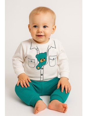 Dinamik çocuk Erkek Bebek Ceket Görünümlü Ayıcık Desenli Mevsimlik 2iplik Alt Üst 2li Takım 6-9-12-18aylık