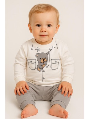 Dinamik çocuk Erkek Bebek Ceket Görünümlü Ayıcık Desenli Mevsimlik 2iplik Alt Üst 2li Takım 6-9-12-18aylık