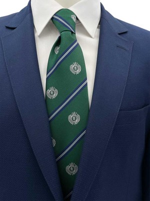 Brianze 8 cm Yeşil Lacivert Çizgili Arma Desenli Kravat