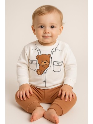 Dinamik çocuk Erkek Bebek Ceket Görünümlü Ayıcık Desenli Mevsimlik 2iplik Alt Üst 2li Takım 6-9-12-18aylık