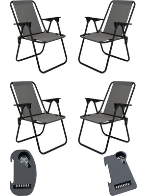 Moniev Litea 4 Adet Kamp Sandalyesi Katlanır Piknik Sandalye ve Bardaklık Gri