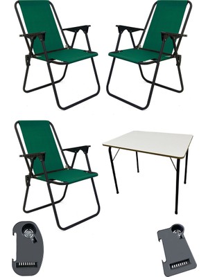 Moniev Litea 3 Adet Kamp Sandalyesi Katlanır Piknik Sandalye ve Bardaklık Yeşil + Katlanır Mdf Masa