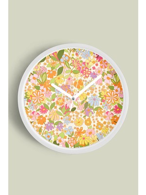 Soyut Renkli Çiçek Temalı Modern Duvar Saati - 30CM - Önü Camlı Beyaz Kasa - Sessiz Mekanizma