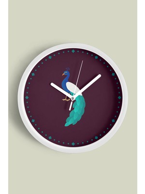 Tavus Kuşu Modern Duvar Saati - 30CM - Önü Camlı Beyaz Kasa - Sessiz Mekanizma