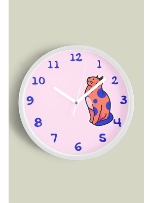 Sevimli Kedi Çocuk Odası Modern Duvar Saati - 30CM - Önü Camlı Beyaz Kasa - Sessiz Mekanizma
