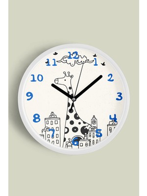 Sevimli Zürafa Çizimi Çocuk Odası Duvar Saati - 30CM - Önü Camlı Beyaz Kasa - Sessiz Mekanizma