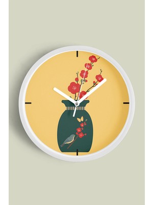 Çiçek Açan Zaman Modern Tasarım Duvar Saati - 30CM - Önü Camlı Beyaz Kasa - Sessiz Mekanizma
