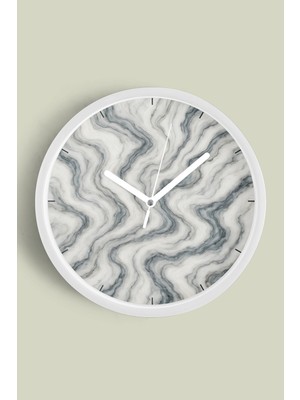 Mermer Görünümlü Soyut Duvar Saati - 30CM - Önü Camlı Beyaz Kasa - Sessiz Mekanizma