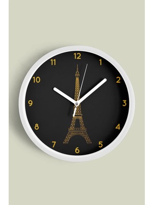 Eyfel Kulesi Modern Duvar Saati - 30CM - Önü Camlı Beyaz Kasa - Sessiz Mekanizma