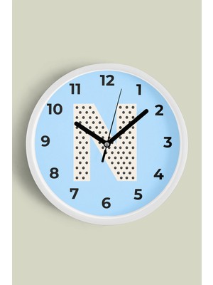 N Harfi Erkek Odası Duvar Saati - 30CM - Önü Camlı Beyaz Kasa - Sessiz Mekanizma