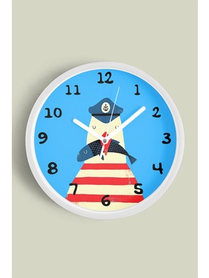 Denizci Martı ve Balık Çizimli Çocuk Odası Duvar Saati - 30CM - Önü Camlı Beyaz Kasa