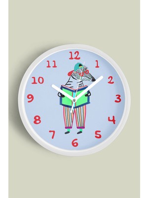 Kitap Okuyan Artist Zebra Çocuk Odası Duvar Saati - 30CM - Önü Camlı Beyaz Kasa - Sessiz Mekanizma