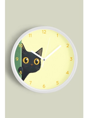 Sevimli Siyah Kedi Modern Duvar Saati - 30CM - Önü Camlı Beyaz Kasa - Sessiz Mekanizma