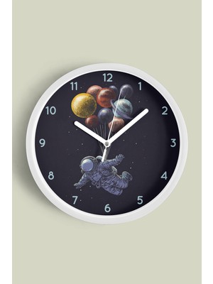 Uzay - Astronot - Gezegen Temalı Modern Duvar Saati - Çocuk Odası - 30CM - Önü Camlı Beyaz Kasa